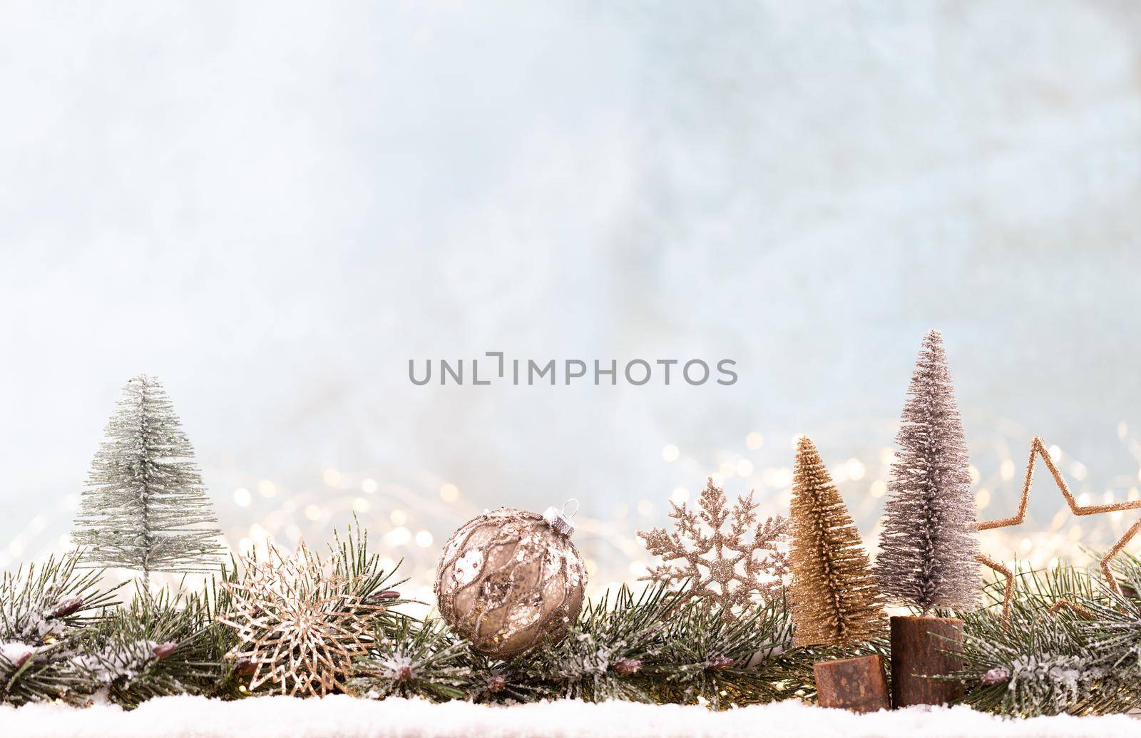 Christmas background with tree and blurred shiny lights.