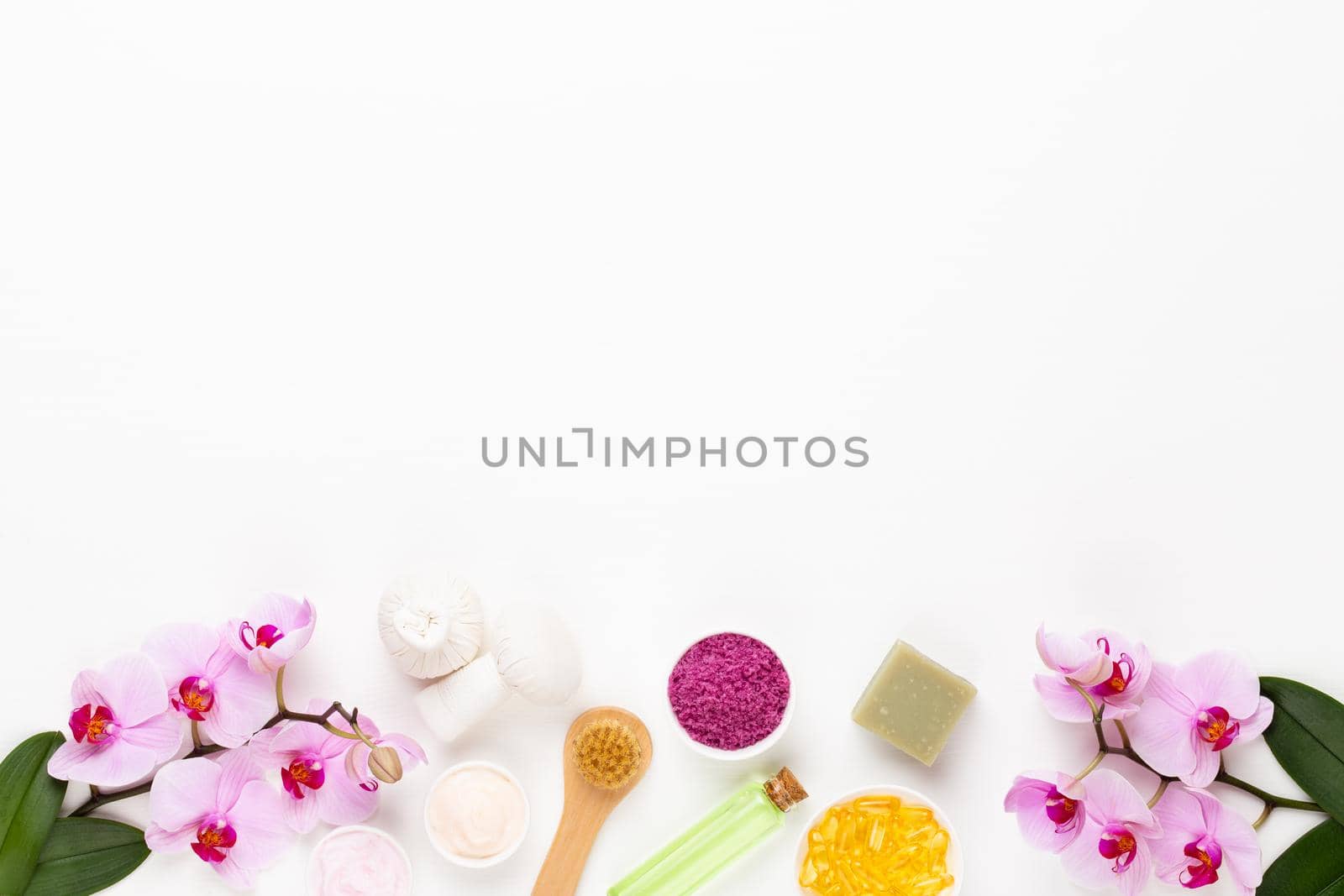 Spa still life with aromatherapy, herbal oil, soap, sea salt. by gitusik