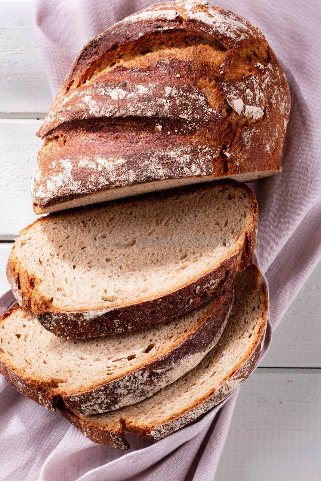 Freshly baked sliced homemade bread.