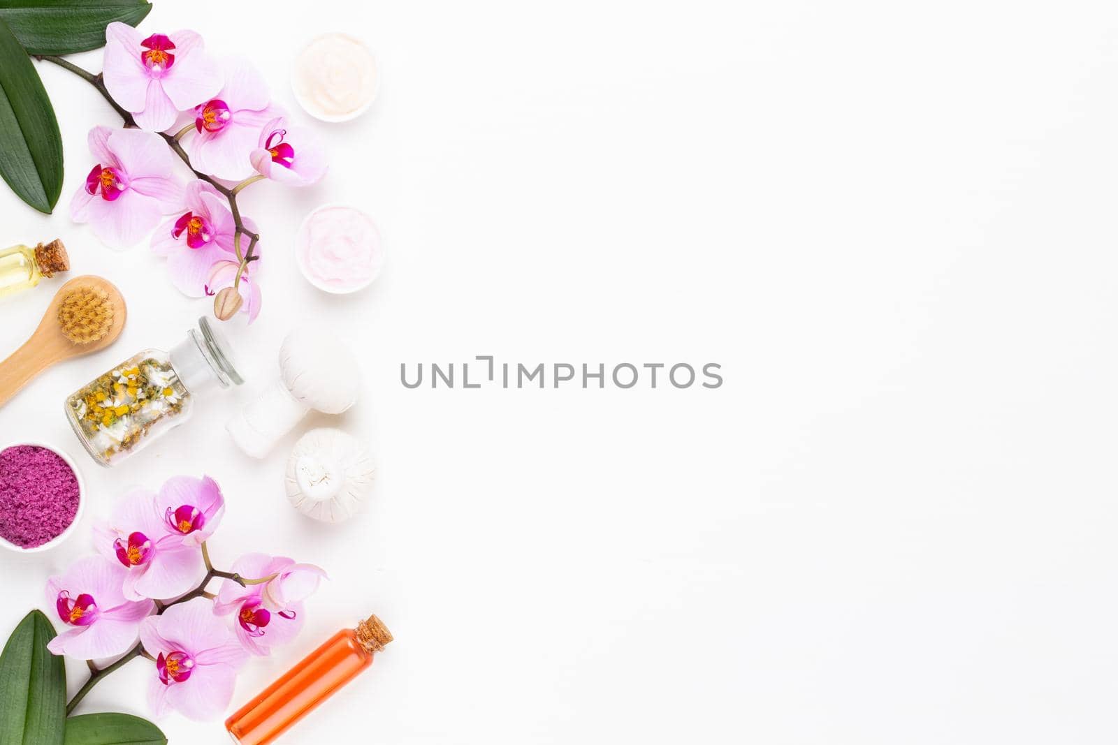 Spa still life with aromatherapy, herbal oil, soap, sea salt. by gitusik