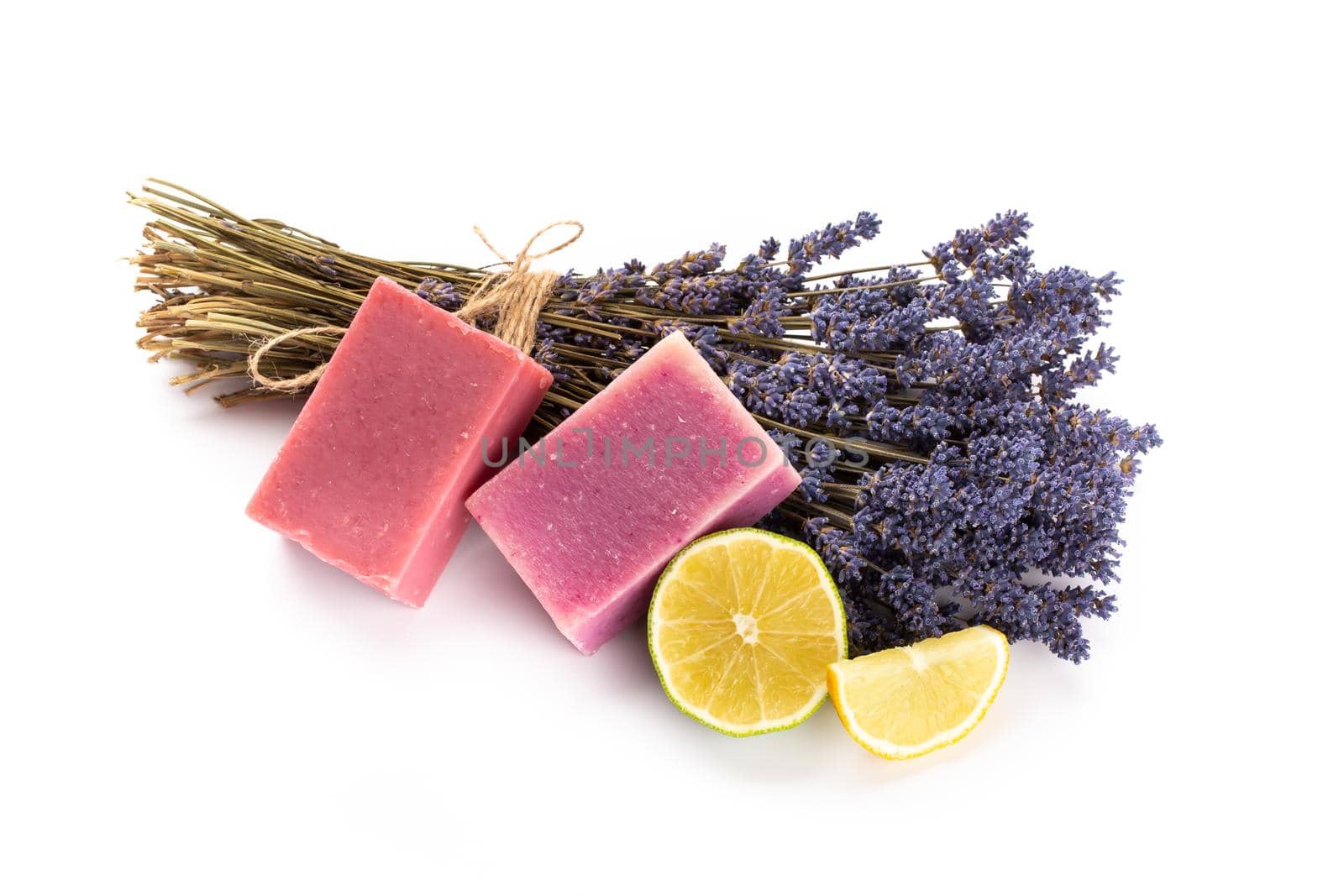 Natural cosmetics with lavender and orange, lemon  for homemade spa on white background top view mock up.