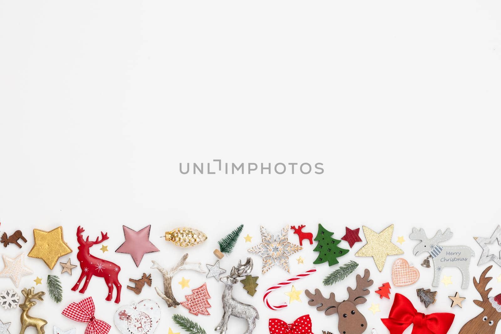 Christmas flat lay background on the white wooden table. by gitusik