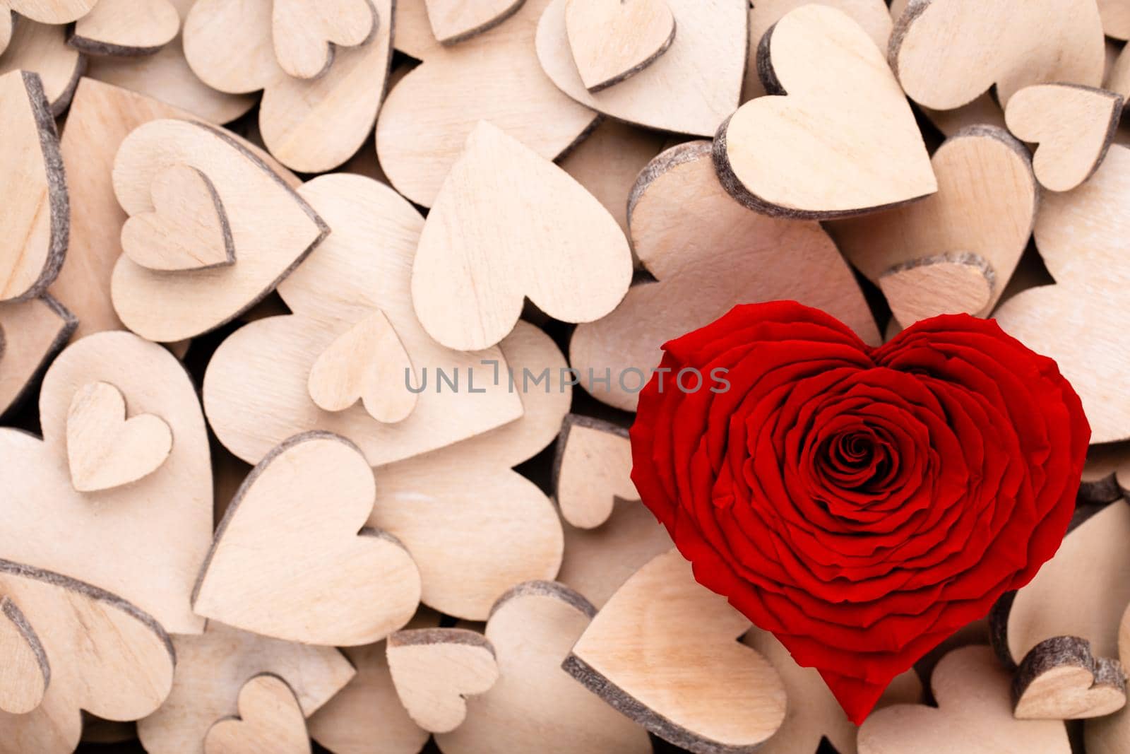 Red heart rose, valentine day greeting card. Wooden hearts background. by gitusik