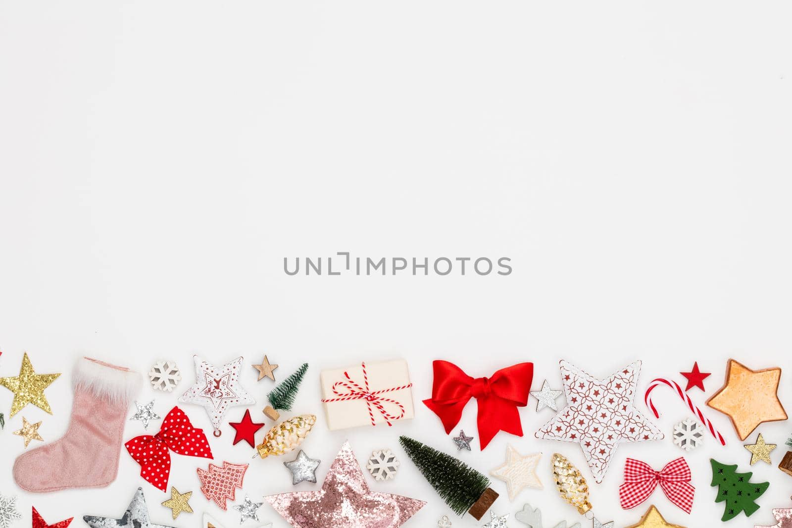 Christmas flat lay background on the white wooden table. by gitusik