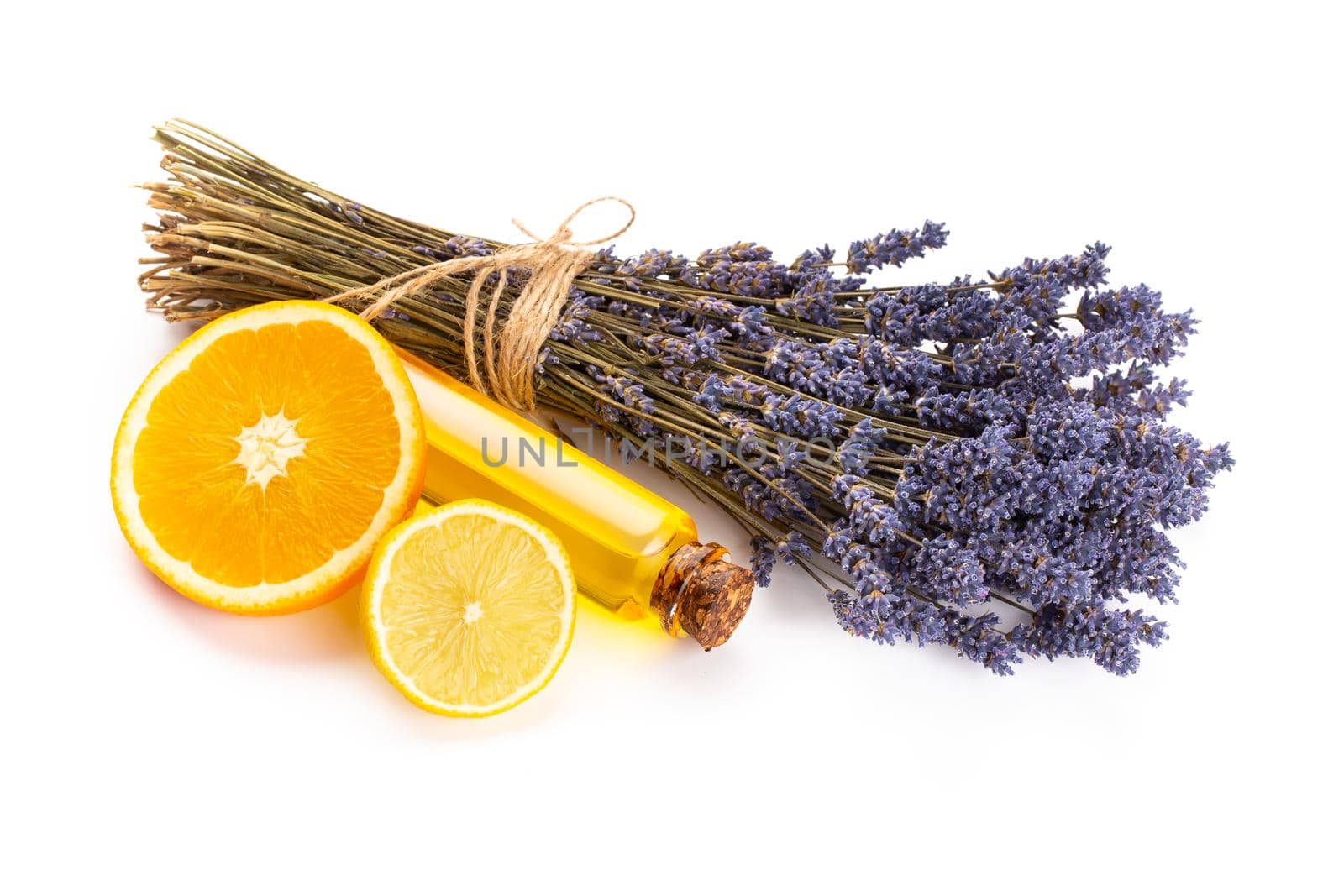 Natural cosmetics with lavender and orange, lemon  for homemade spa on white background top view mock up.