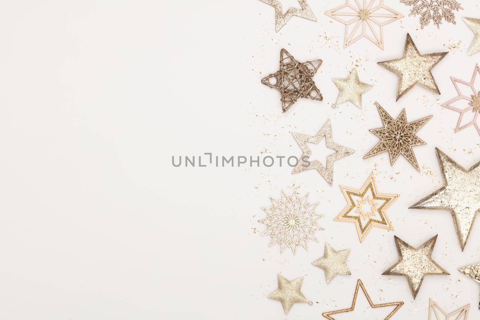 Christmas flatlay decor background on the white wooden table. by gitusik