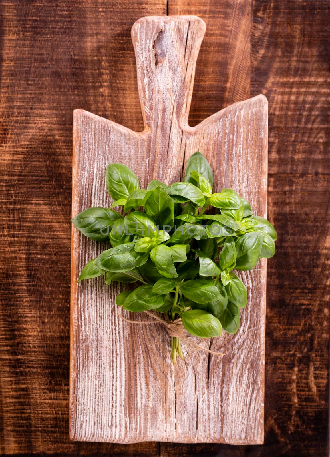 Bunch of fresh organic basil in cutting board on rustic wooden background