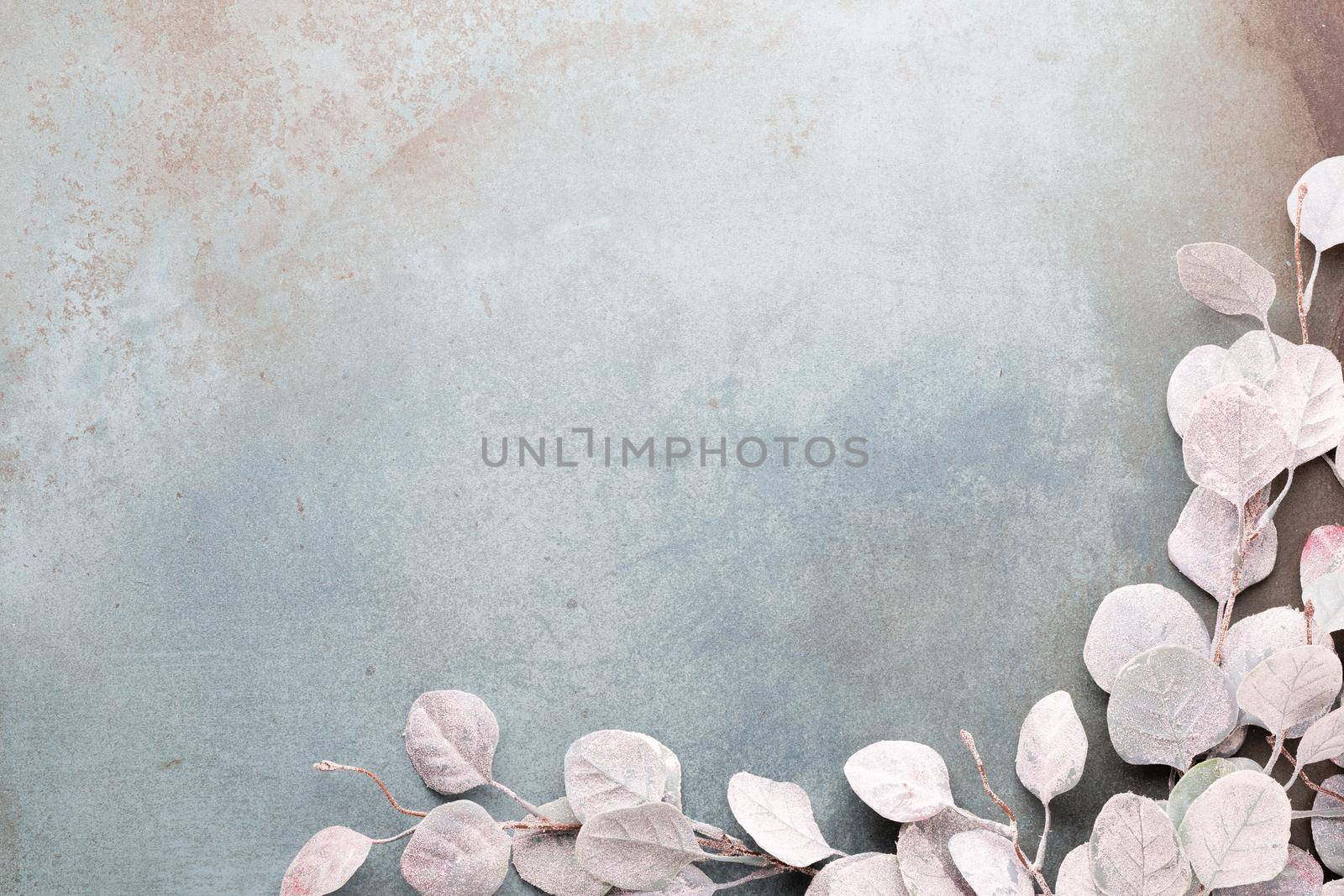 Beautiful Christmas gold flower on vintage blue background. Flat lay design. Copy Space. Horizontal.