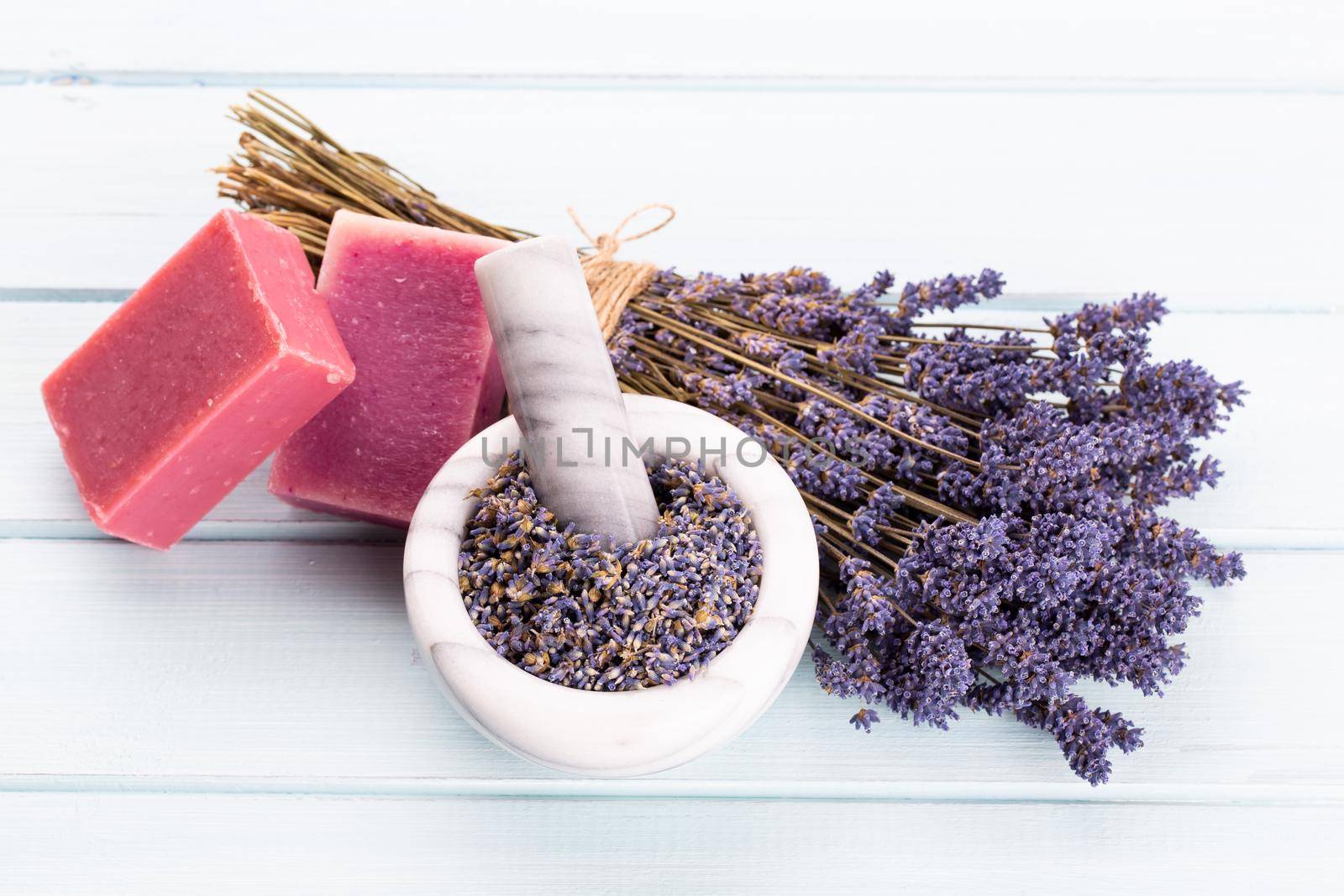 lavender spa products with dried lavender flowers on a isolated background. by gitusik