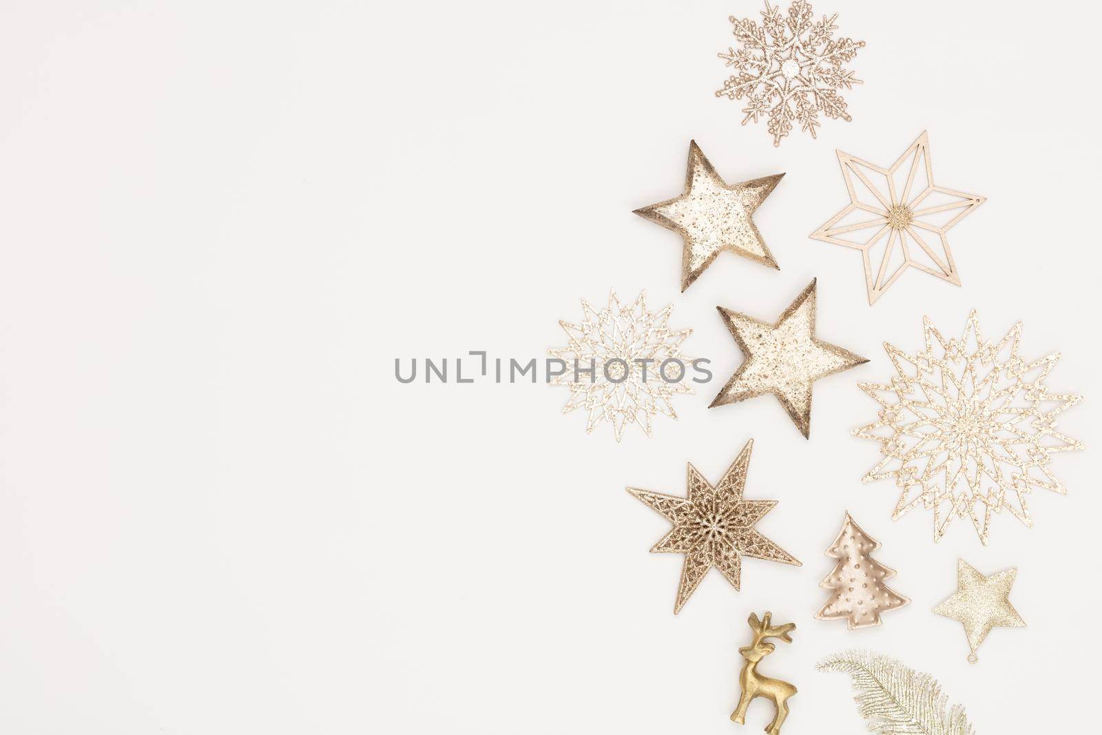 Christmas flatlay decor background on the white wooden table.