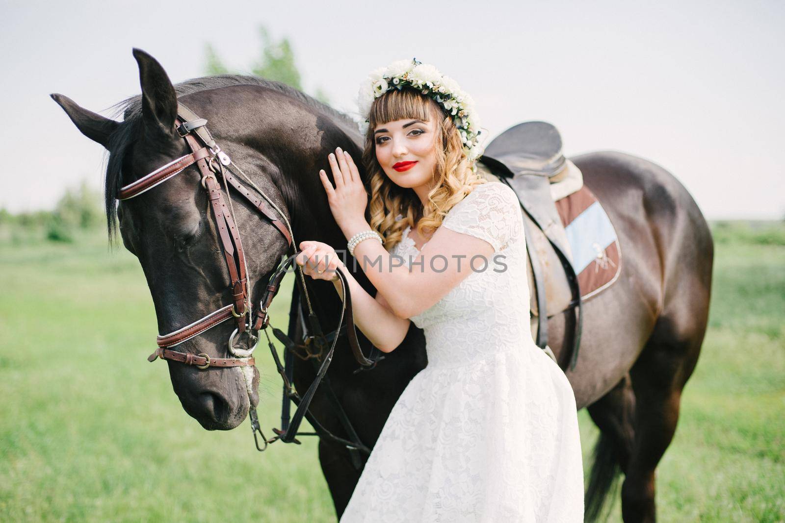 girl with red lips near a black horse by Andreua
