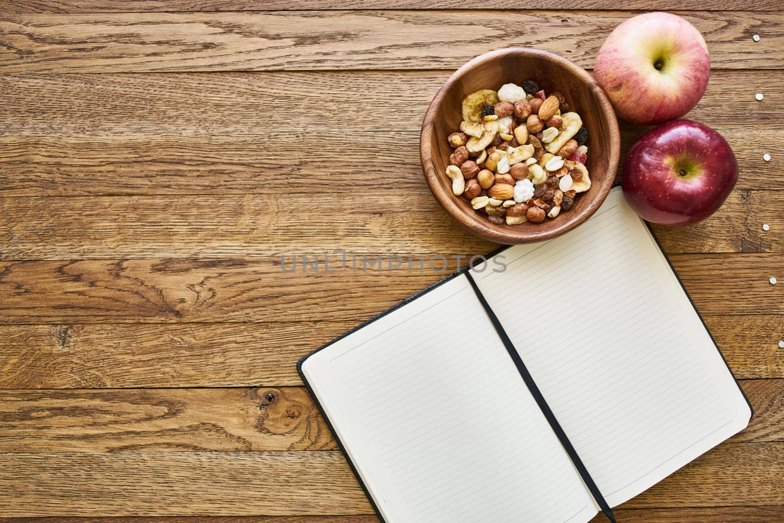 dry breakfast cereals notepad diet wooden background. High quality photo