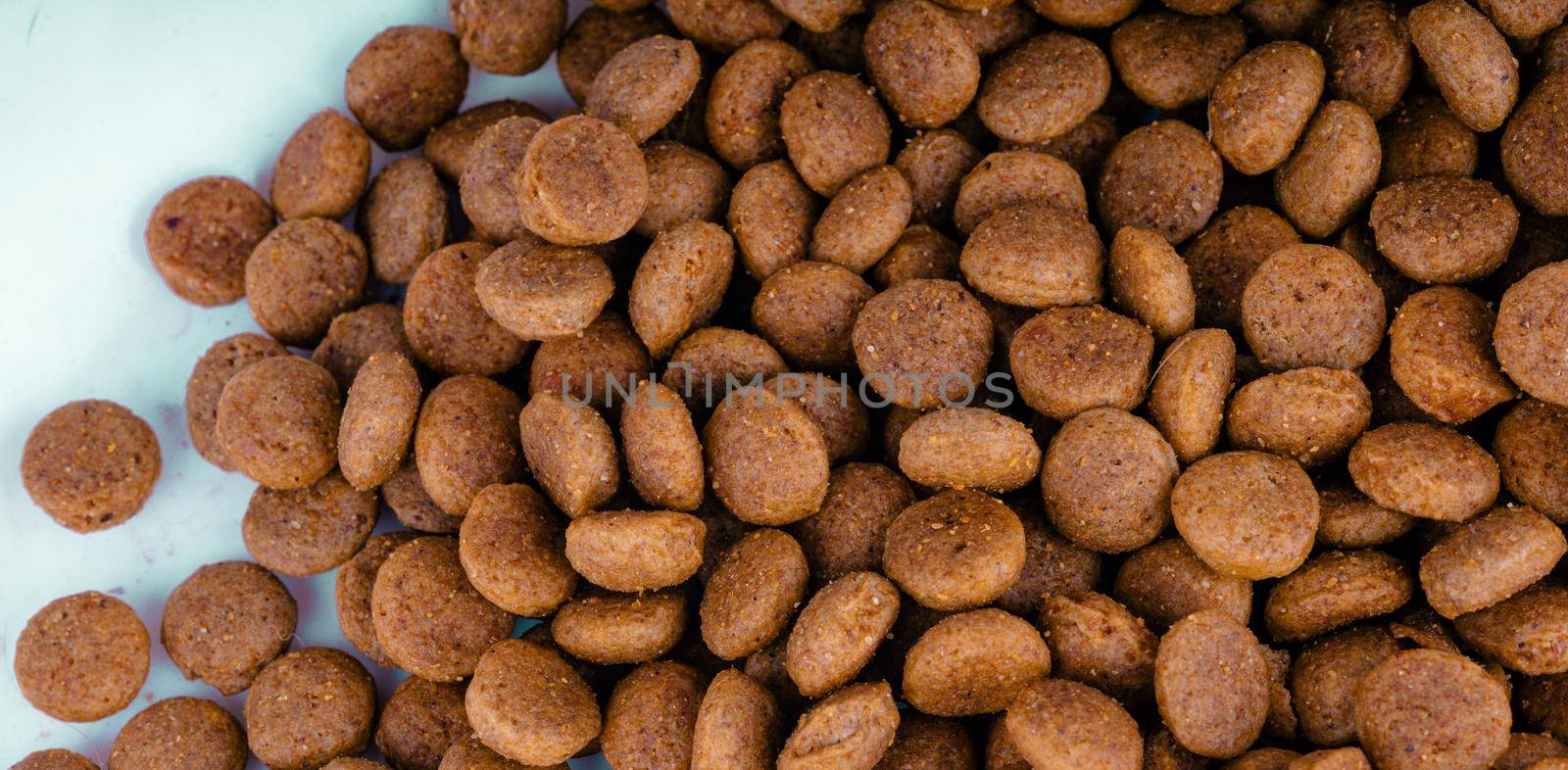 Dry food in right corner on white background. Close up of useful pet food. Concept of space for your text