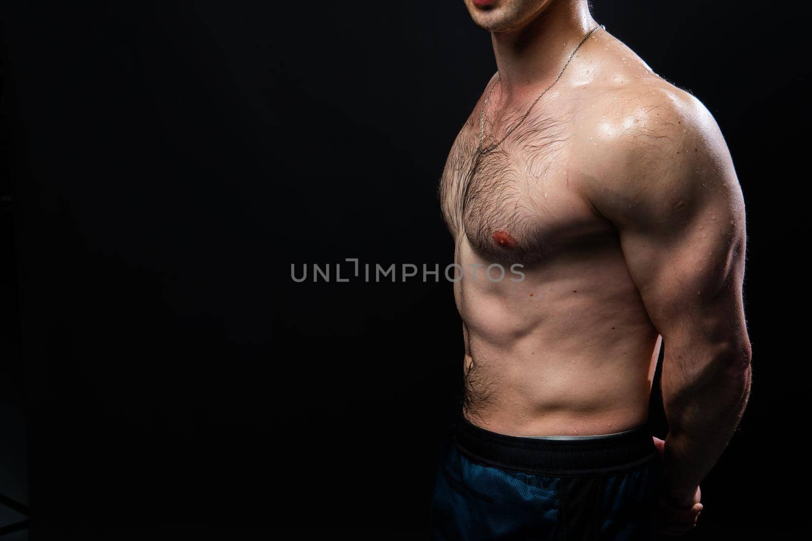 Man on black background keeps dumbbells pumped up in fitness bodybuilding sexy torso, muscular fitness athletic shirtless lifestyle. Attractive skin adult, gym fit hands behind your back, press tense beautiful body by 89167702191