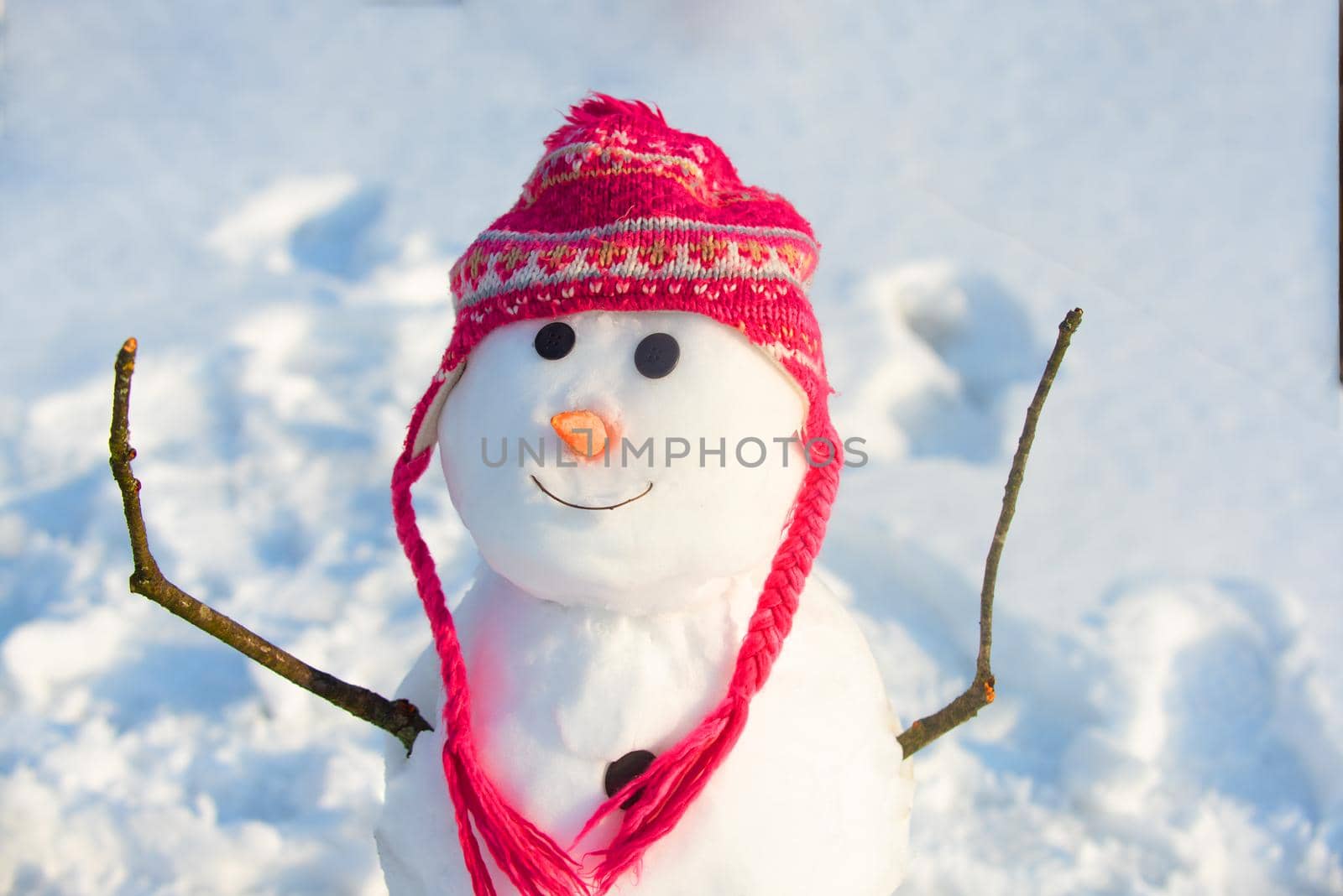 Funny snowman with a carrot instead of a nose and in a warm knitted hat on a snowy meadow on a blurred snow background. The morning before Christmas. New Year greeting card. by Tverdokhlib