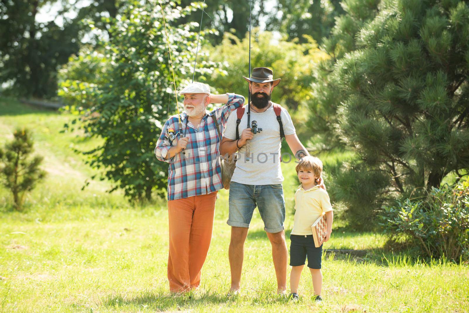 Great-grandfather and great-grandson. Man in different ages. Men day. Outdoors active lifestyle