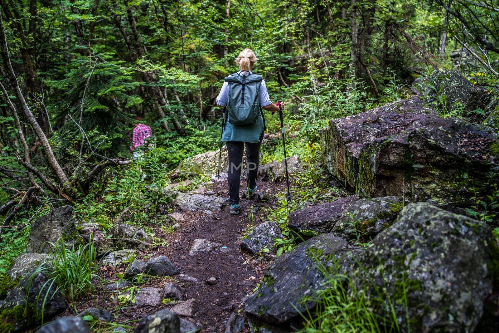 Rear view of woman engaged in nordic walking on rocky path