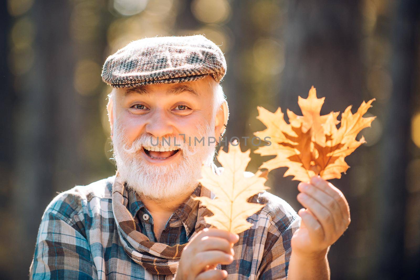 Grandfather relaxing in autumn park. Happy senior man. Active senior man having fun and playing with the leaves in autumn forest