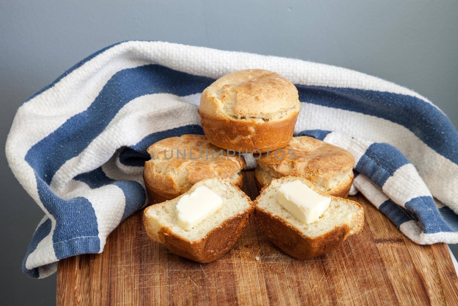 Fresh homemade popover rolls made with quail eggs and organic milk on a farm.