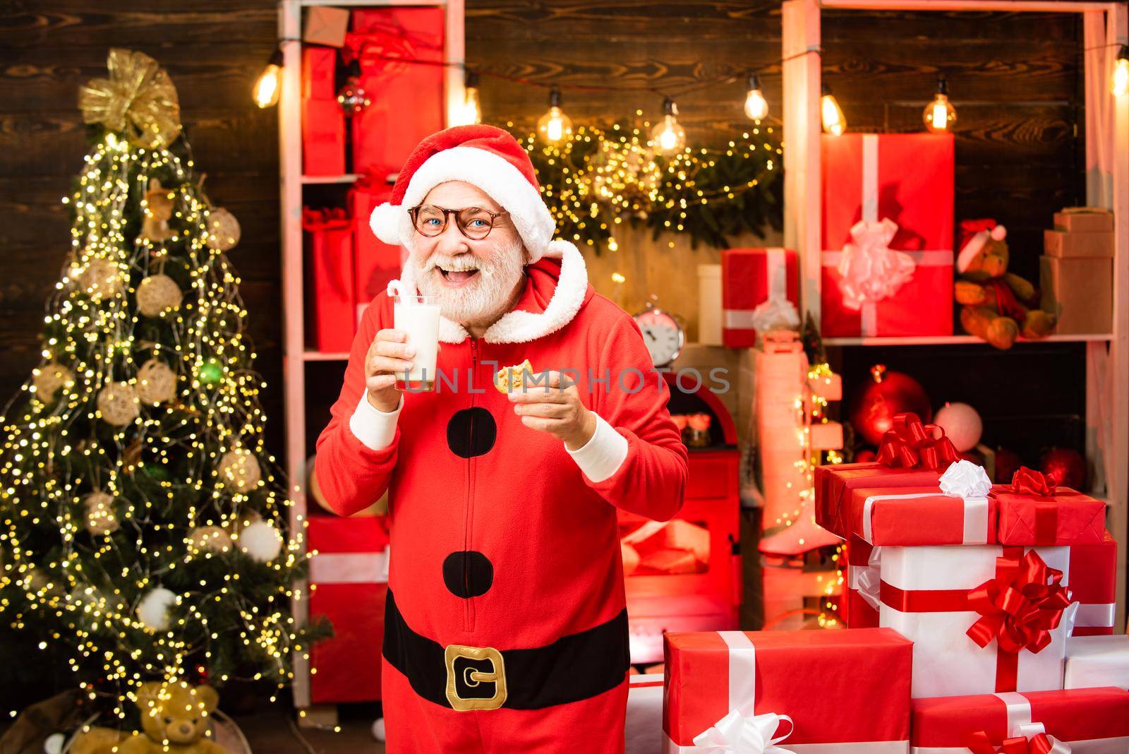 Santa at home. Santa Claus enjoying in served gingerbread cake and milk. Greeting Christmas card. Happy Santa Claus eating a cookie and drinking glass of milk at home Christmas interior