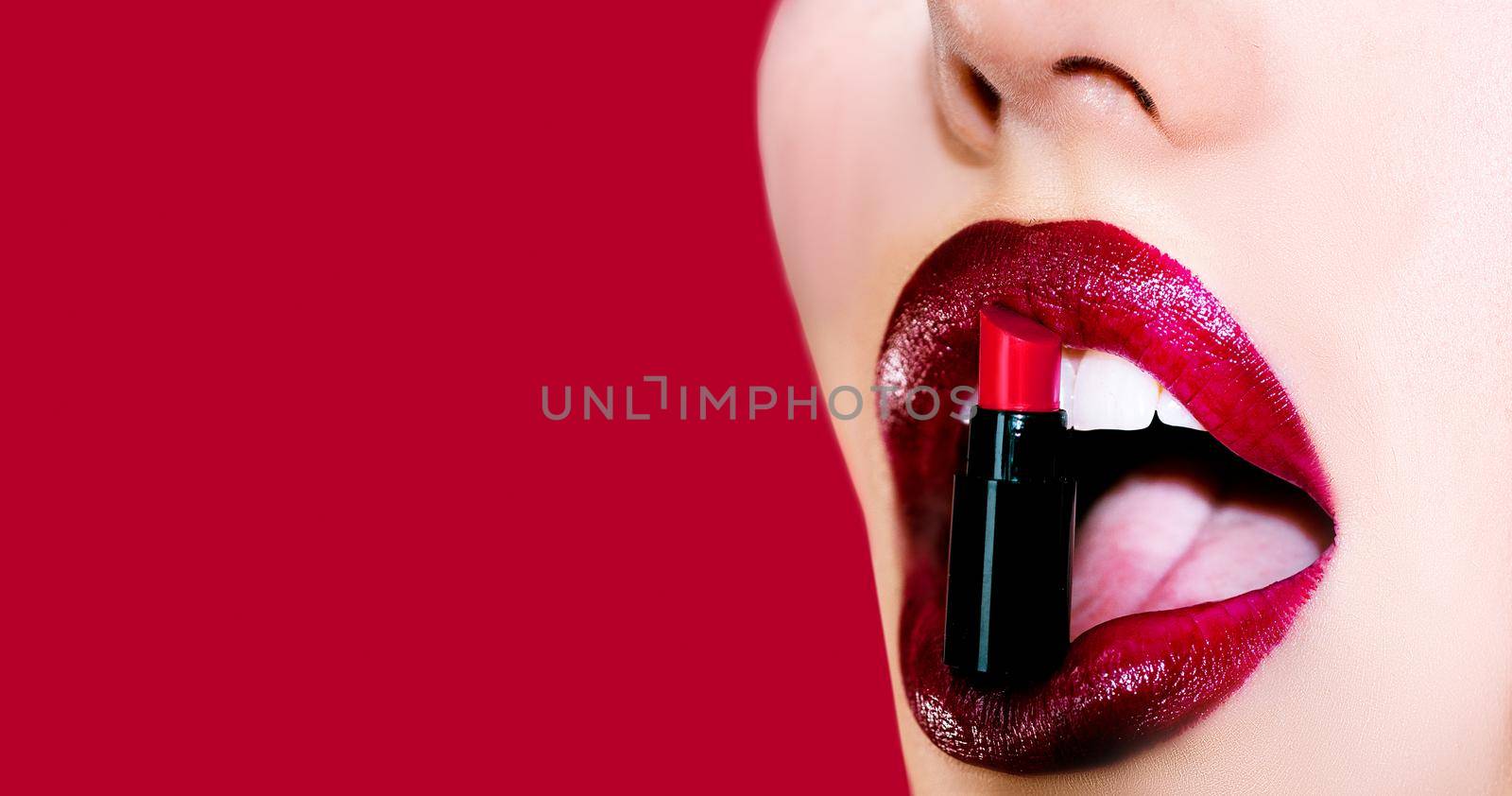 Sexy plump full lips. Lip care and protection. Lips isolated on red background. Lips and beauty make up