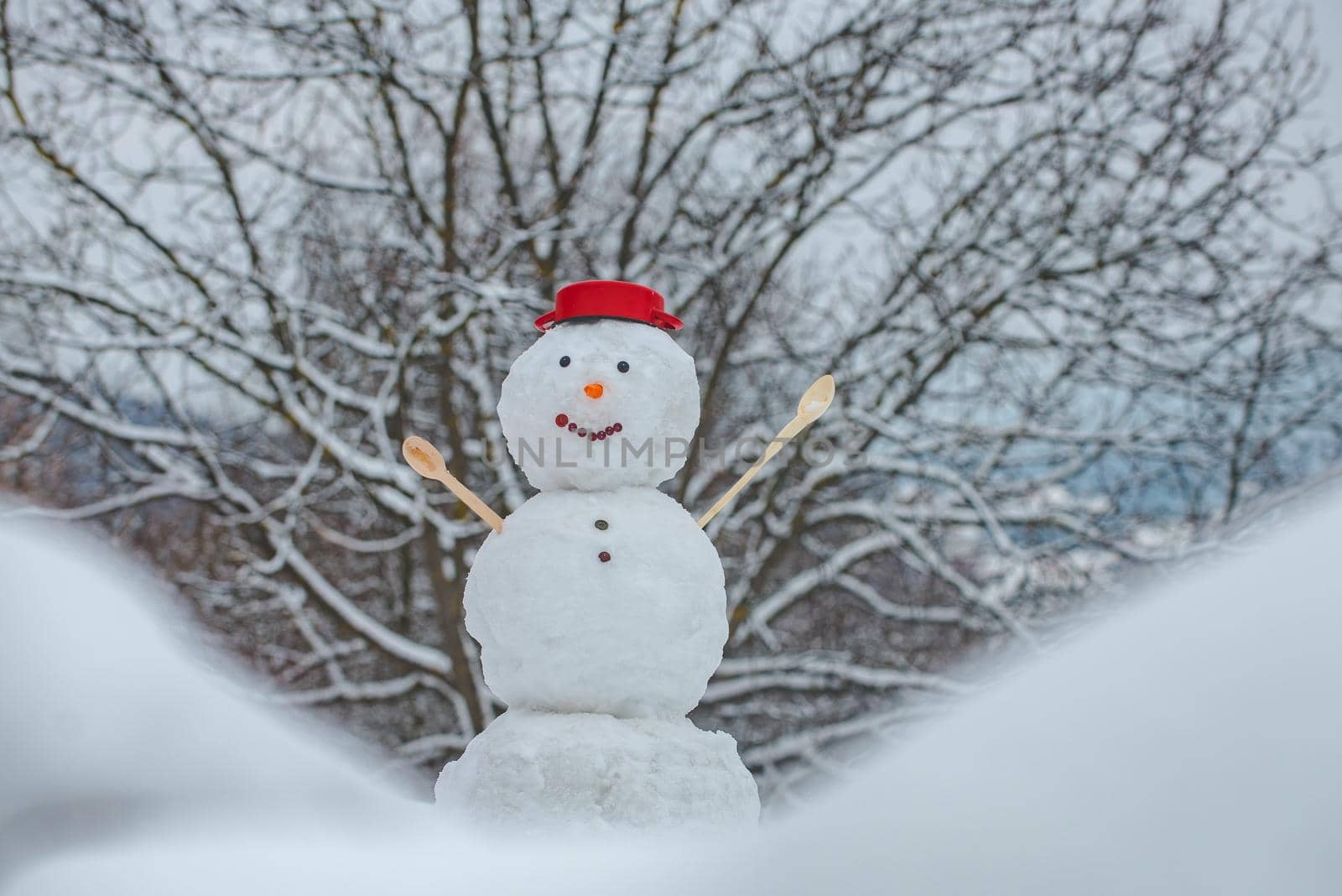 Merry Christmas and Happy Holidays. Cute snowmen cook standing in winter Christmas landscape. Christmas background with snowman cook