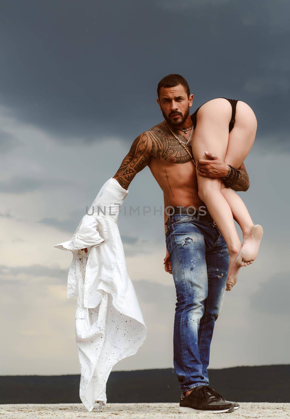 Girl on shoulders. Love and trust. Intimate relationship and sexual relations. Romantic and love