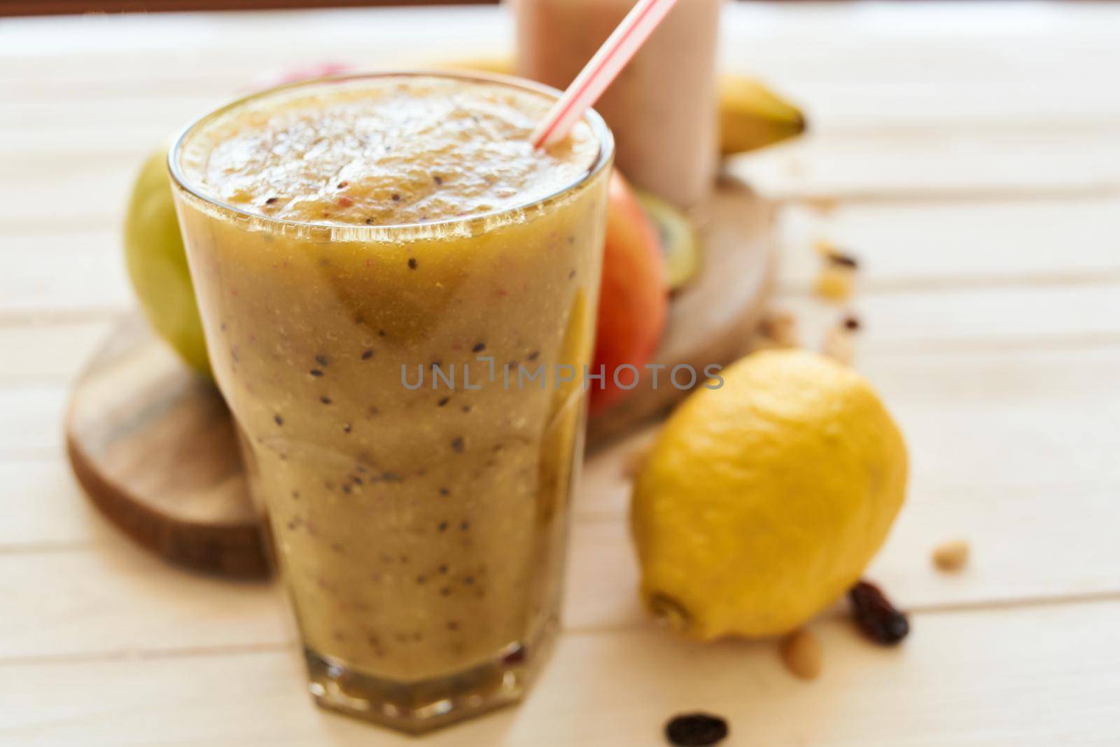 fresh fruit smoothie kefir cocktails yogurt breakfast. High quality photo