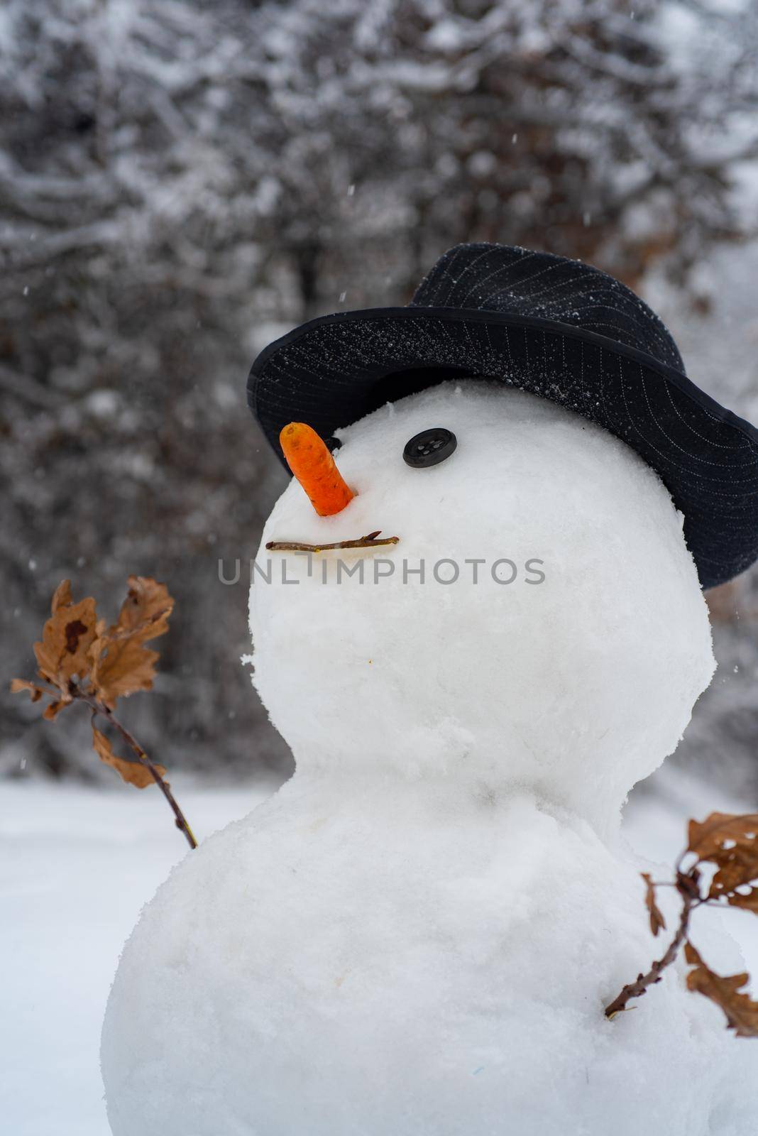 Happy snowman standing in winter Christmas landscape. Snowman isolated on snow background. Snowman and snow day. Snowman on the background of stars and snowflakes