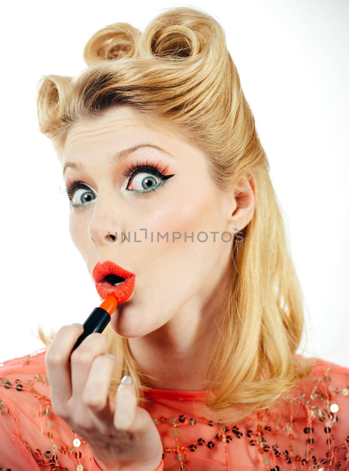 Beautiful girl curly hair surprised and shocked looks on you and screaming with delight. Omg. Gestures for advertisement. Isolated over white color background