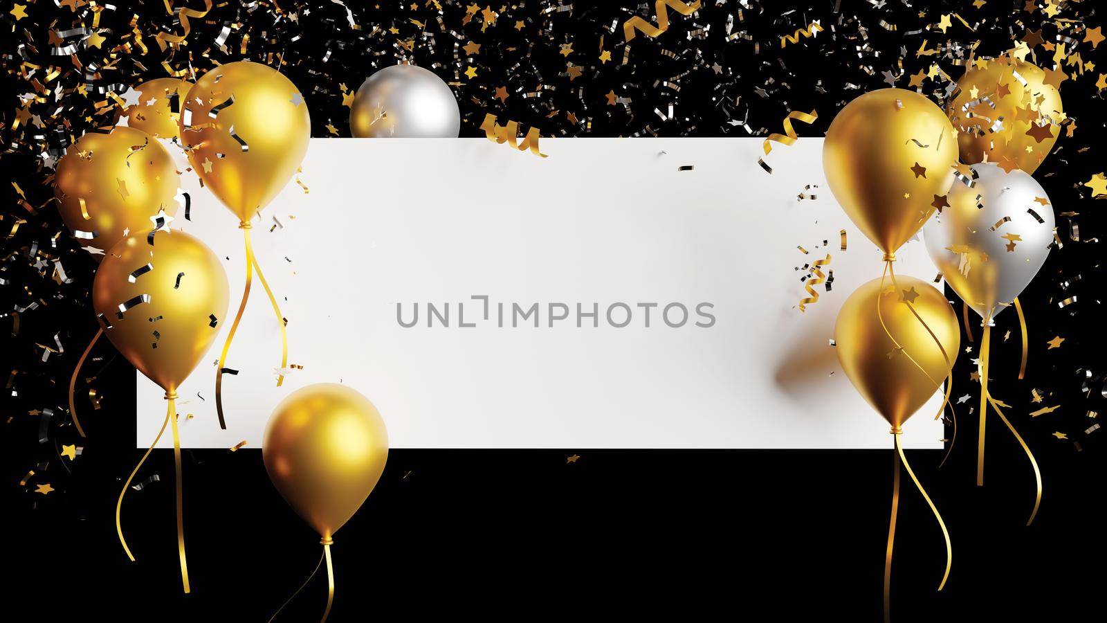 Gold and silver balloon with foil confetti falling with blank banner on black background 3d render by Myimagine