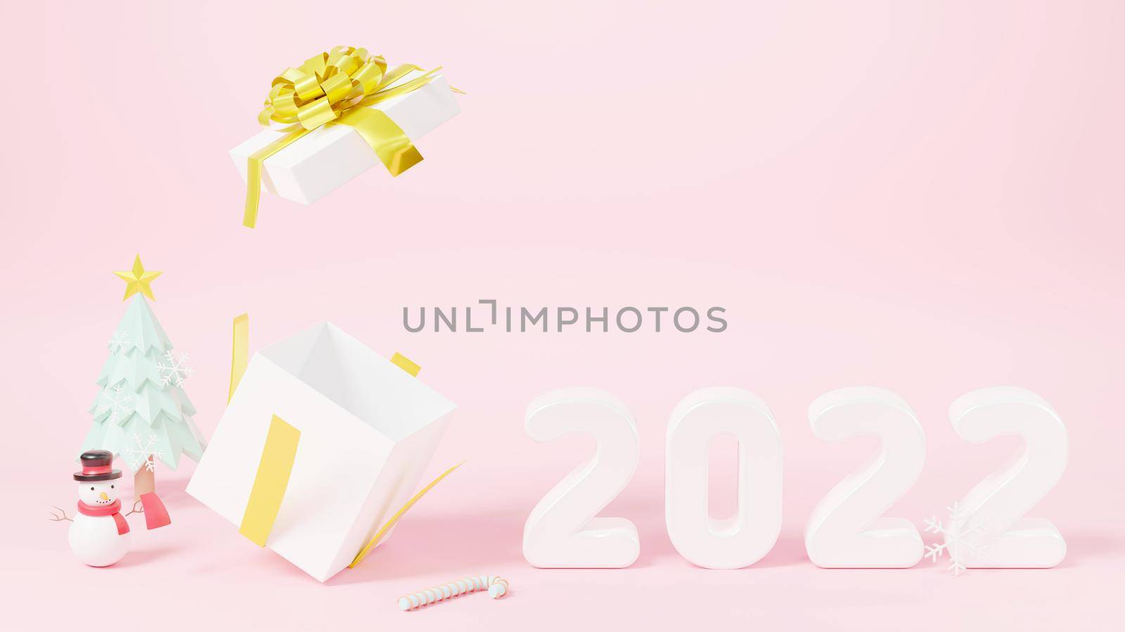 Happy New Year 2022 and Merry Christmas celebration greeting card, Christmas tree, snowman, gift box is open cover and 2022 number on pink background, Web poster banner, 3D Rendering illustration