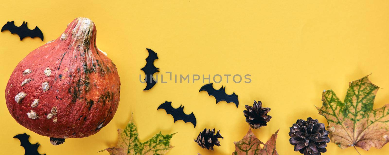 Autumn composition. Frame made of Pumpkins,dried leaves, pine cones and background. Template autumn, fall, halloween, harvest thanksgiving concept. Flat lay, top view, copy space banner.