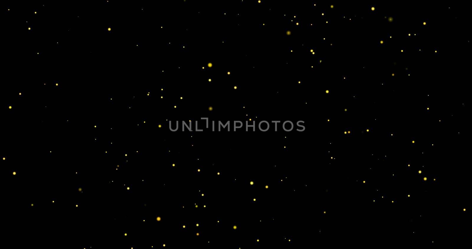 Abstract yellow gold background of glowing shiny moving blurry bokeh particles, sparkles on black background. Christmas pattern with sparkles.