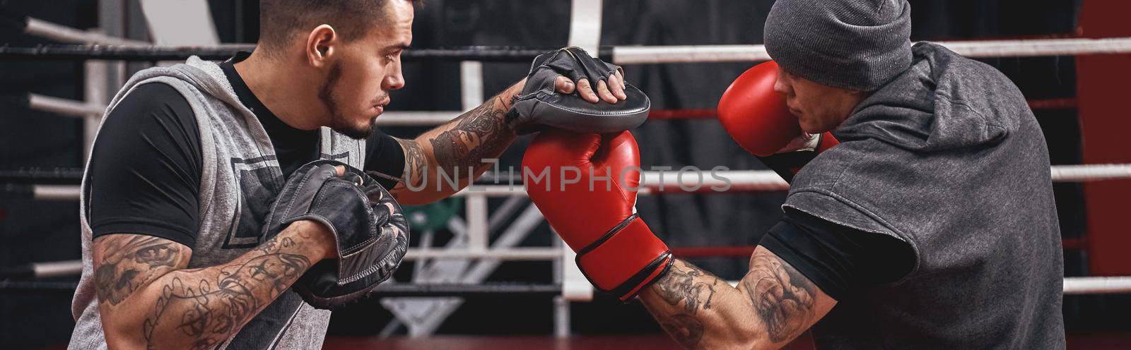 Close-up of confident muscular athlete in red gloves training on boxing paws with partner in black boxing gym. Horizontal photo