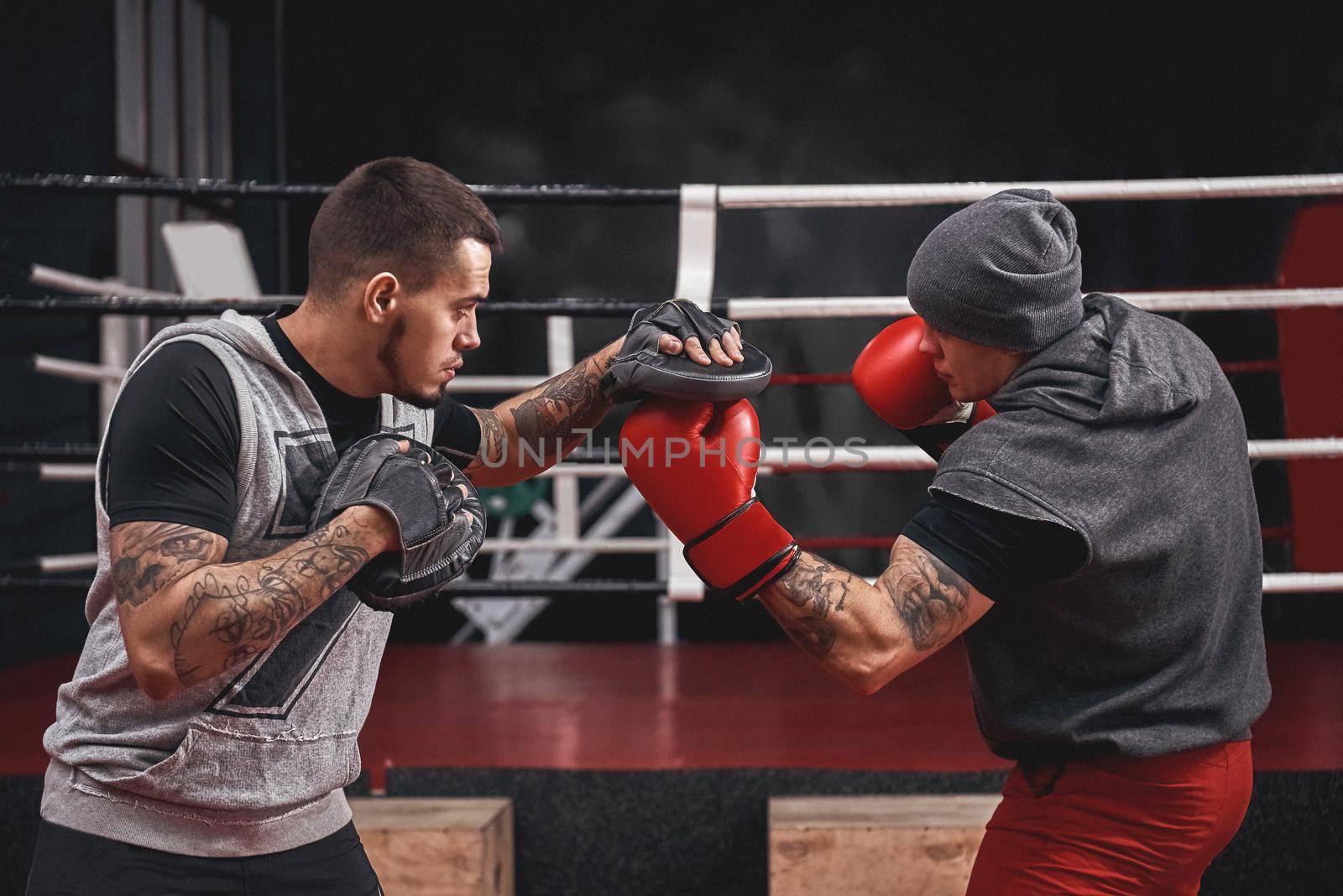 Good uppercut to the paw. Side view of muscular athlete in boxing gloves training on boxing paws while standing in boxing gym by friendsstock