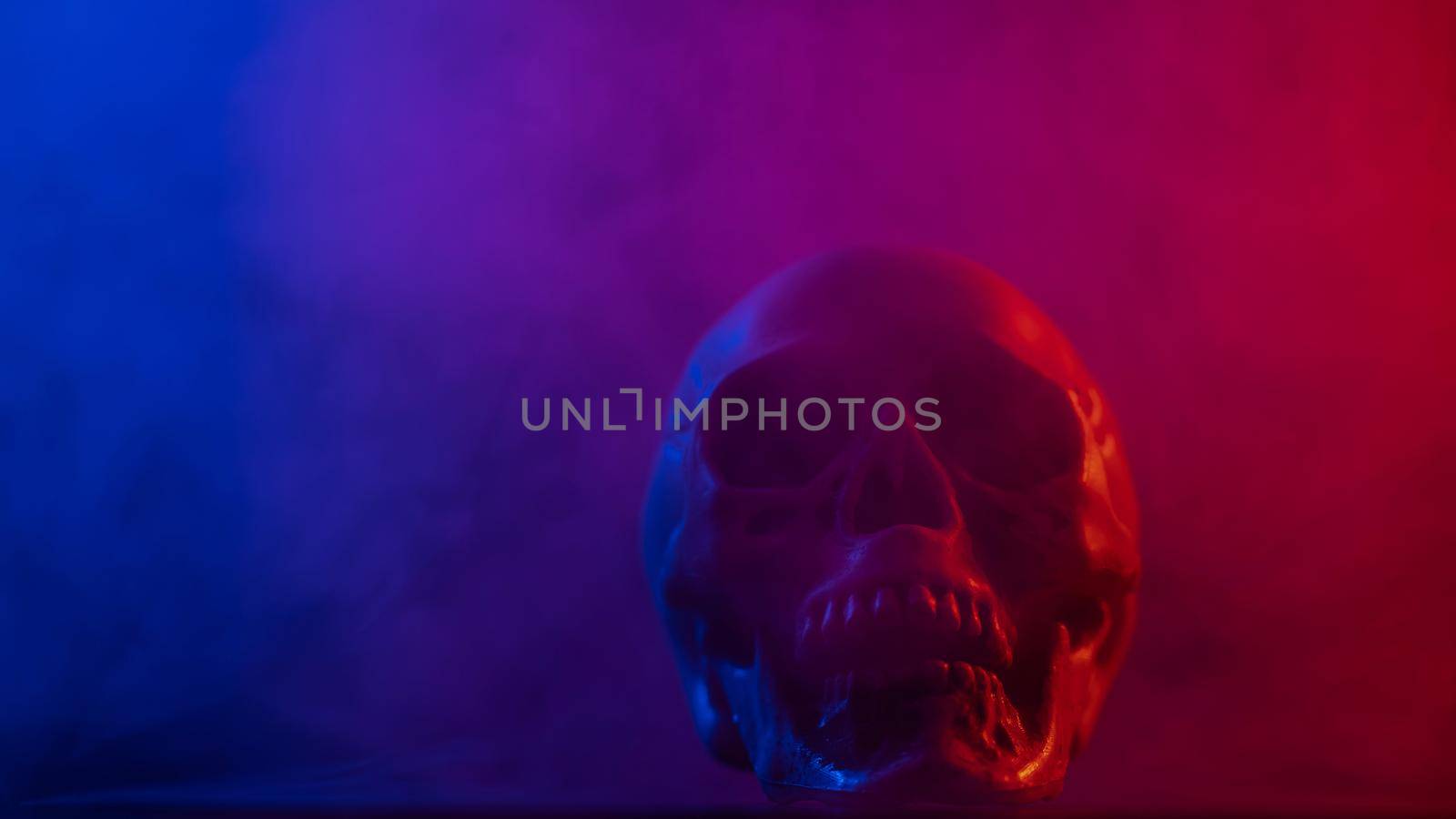 Human skull in pink and blue smoke on a black background. Halloween