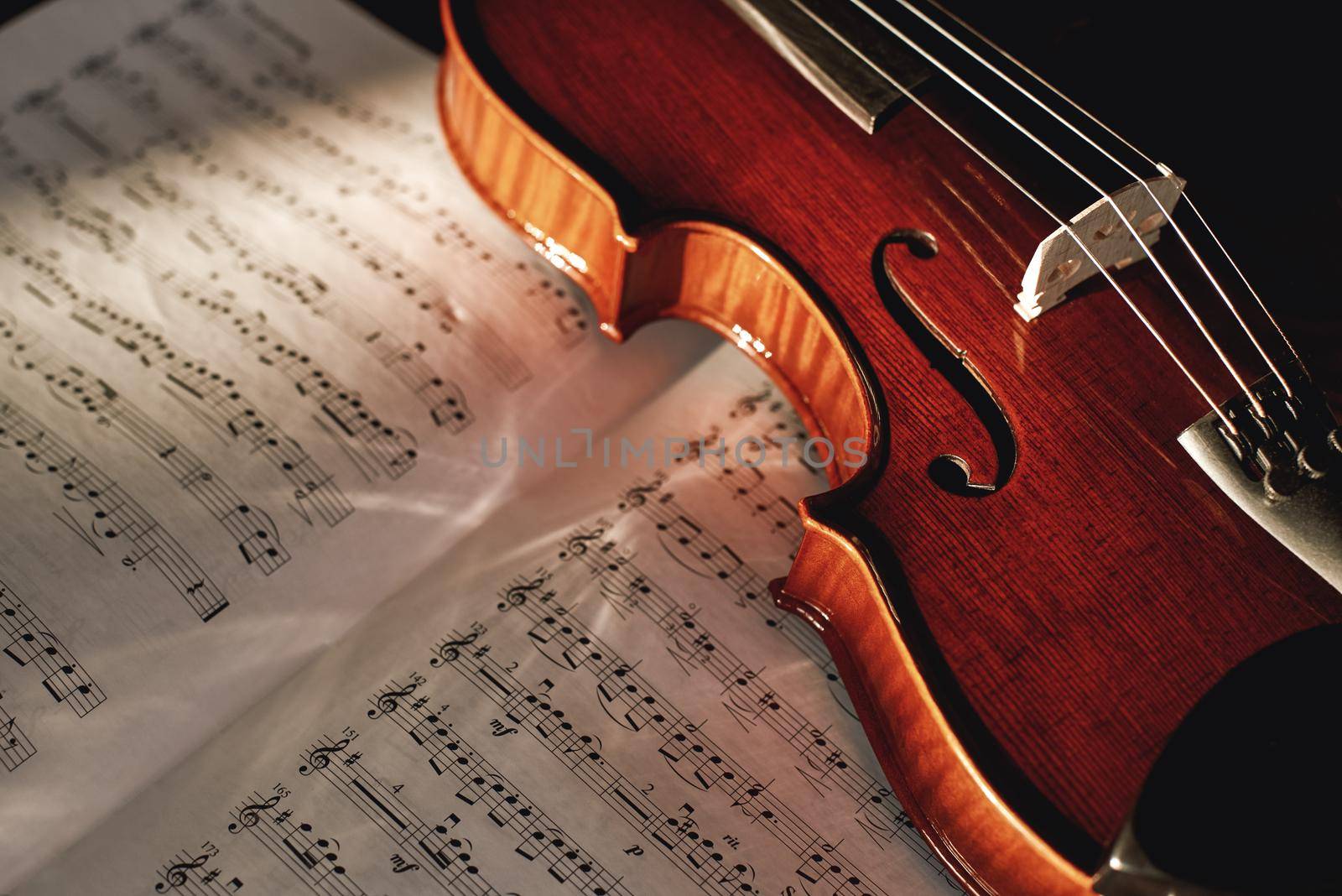 How to Read Violin Notes Close up view of brown wood violin lying on the sheet with music notes. Musical instruments. Music equipment. Violin lessons