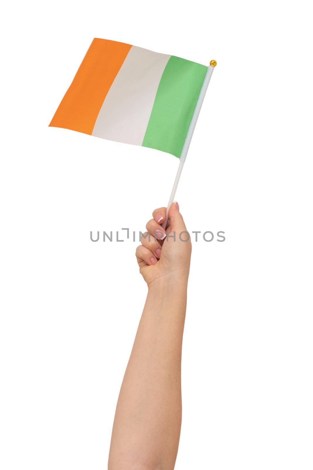 A hand holdiing the flag of Ireland against a white background. High quality photo
