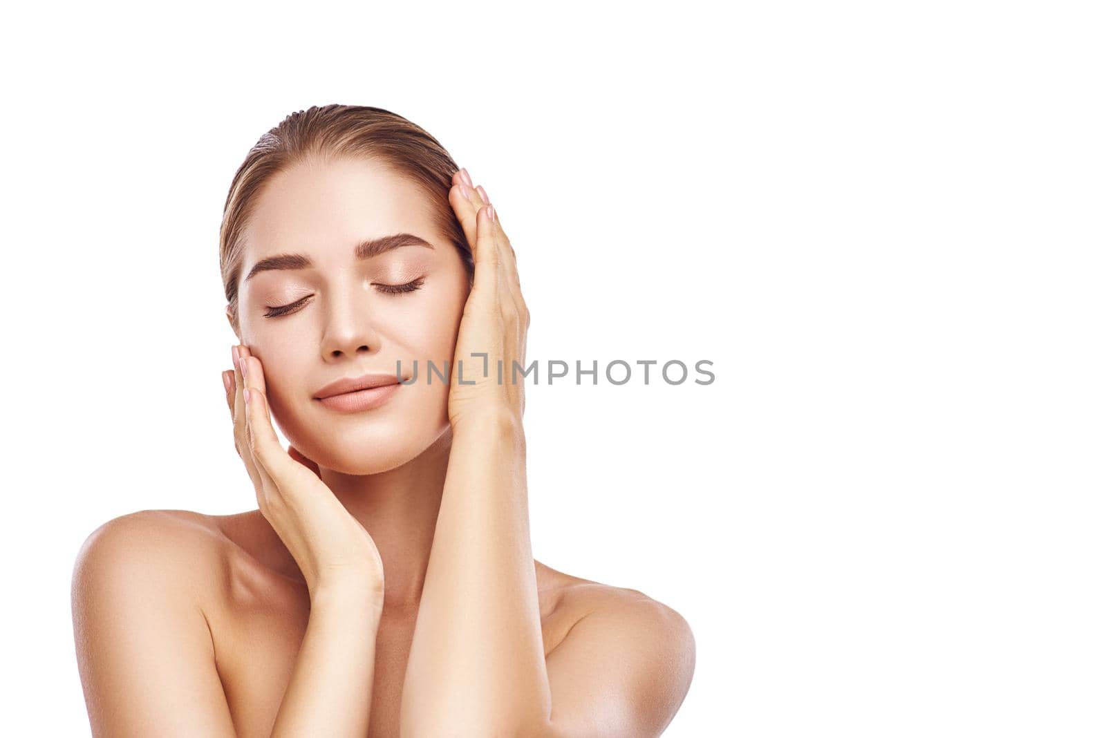Beautiful woman face close up studio photo on white background. Light hair, grey eyes, closed eyes