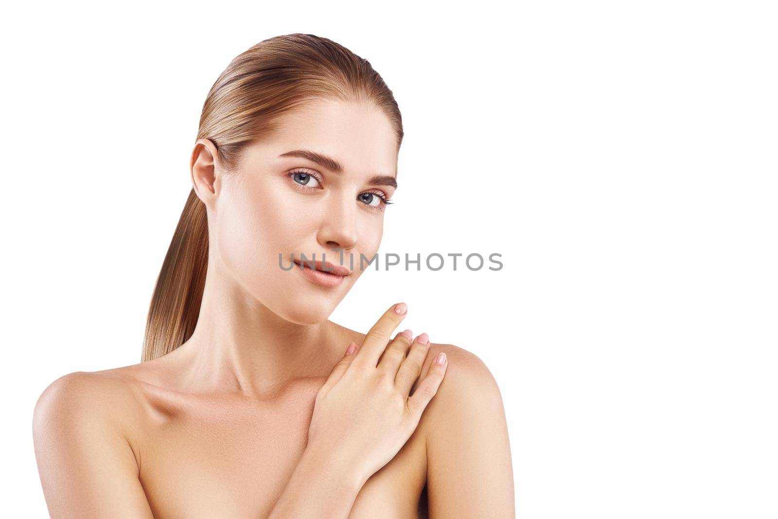 Beautiful woman face close up studio photo on white background. Light hair, grey eyes