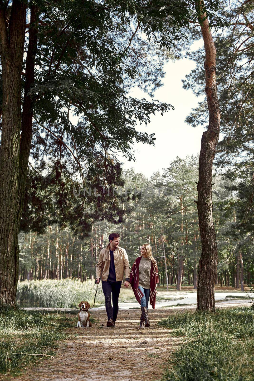 Young couple are walking with dog in forest by friendsstock