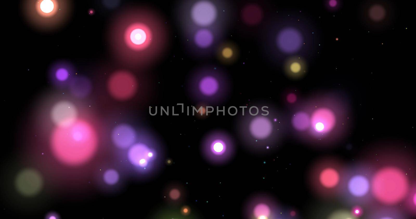 Abstract multicolored background of glowing shiny moving blurry bokeh particles, sparkles on black background. Christmas pattern with sparkles.