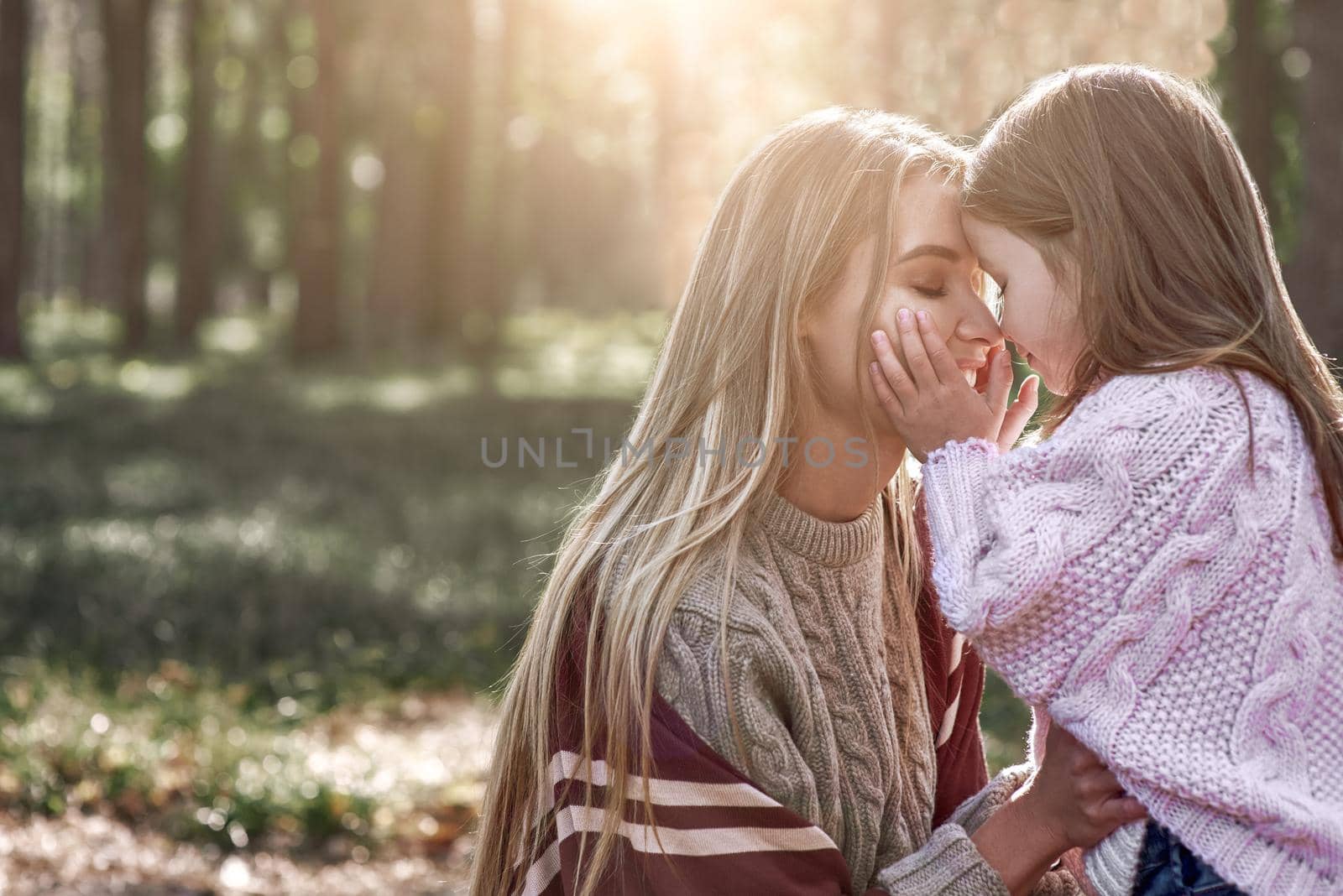 A girl kisses her mother in forest by friendsstock