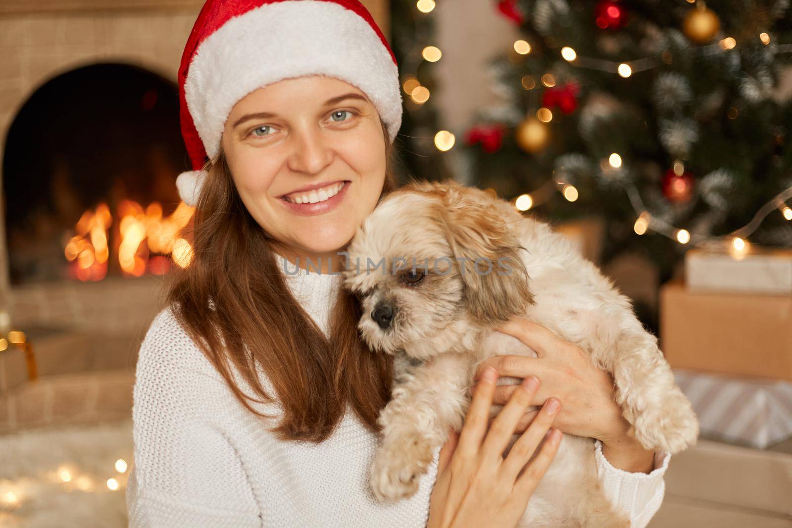 Holidays with lovely pet, woman with Pekingese dog, celebrate Christmas time or New Year at home, looks smiling directly at camera, posing indoor near x-mas tree and fireplace.