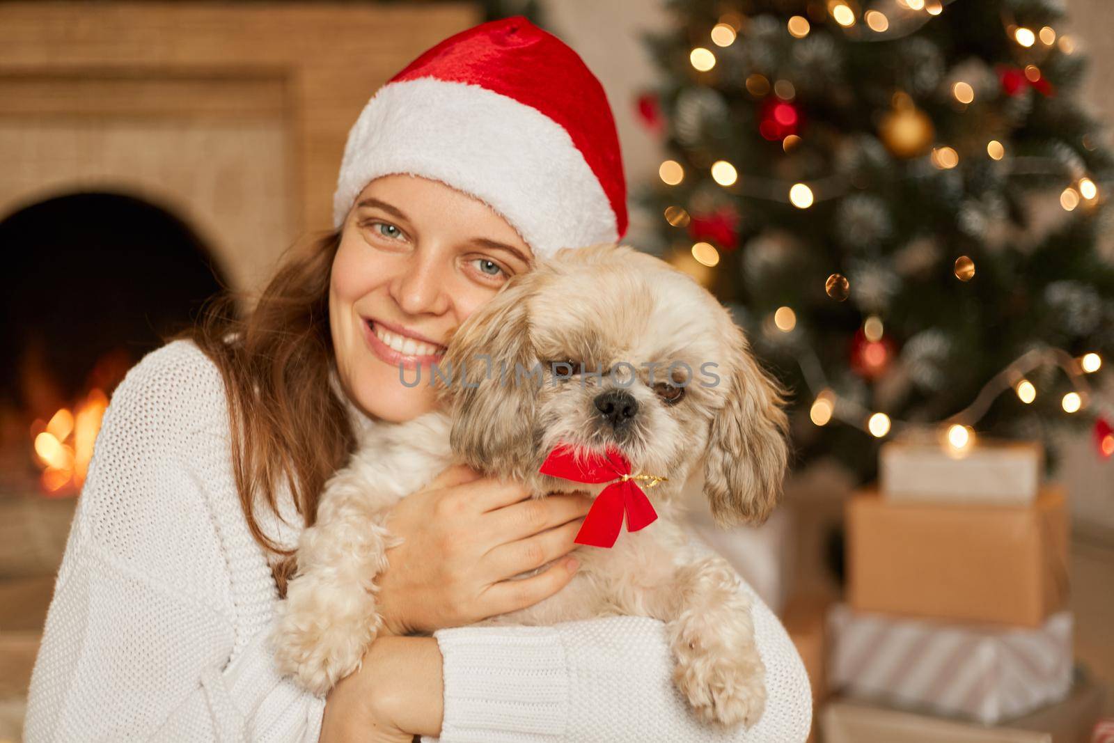 Woman hugging her small dog with red bow in mouth, female wearing christmas hat and white jumper, sitting in living room near fireplace and christmas tree, happy smiling woman with her favorite pet.