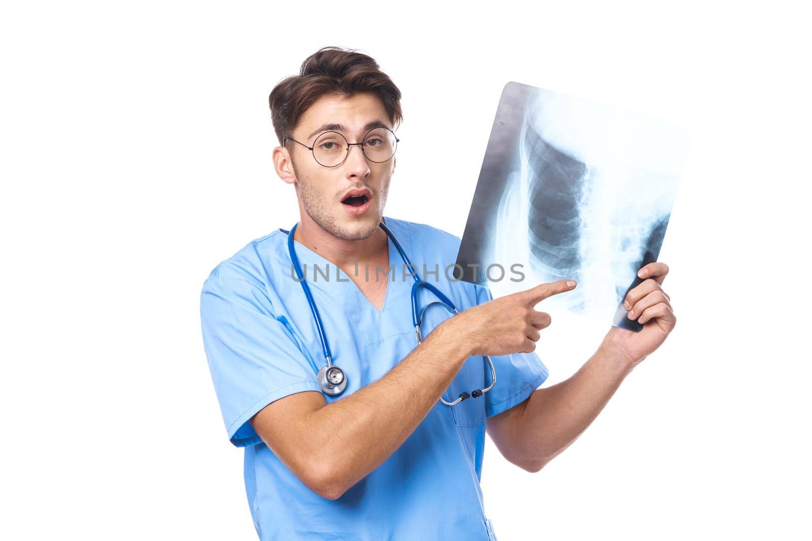 radiologist x-ray diagnostics stethoscope examination work light background. High quality photo