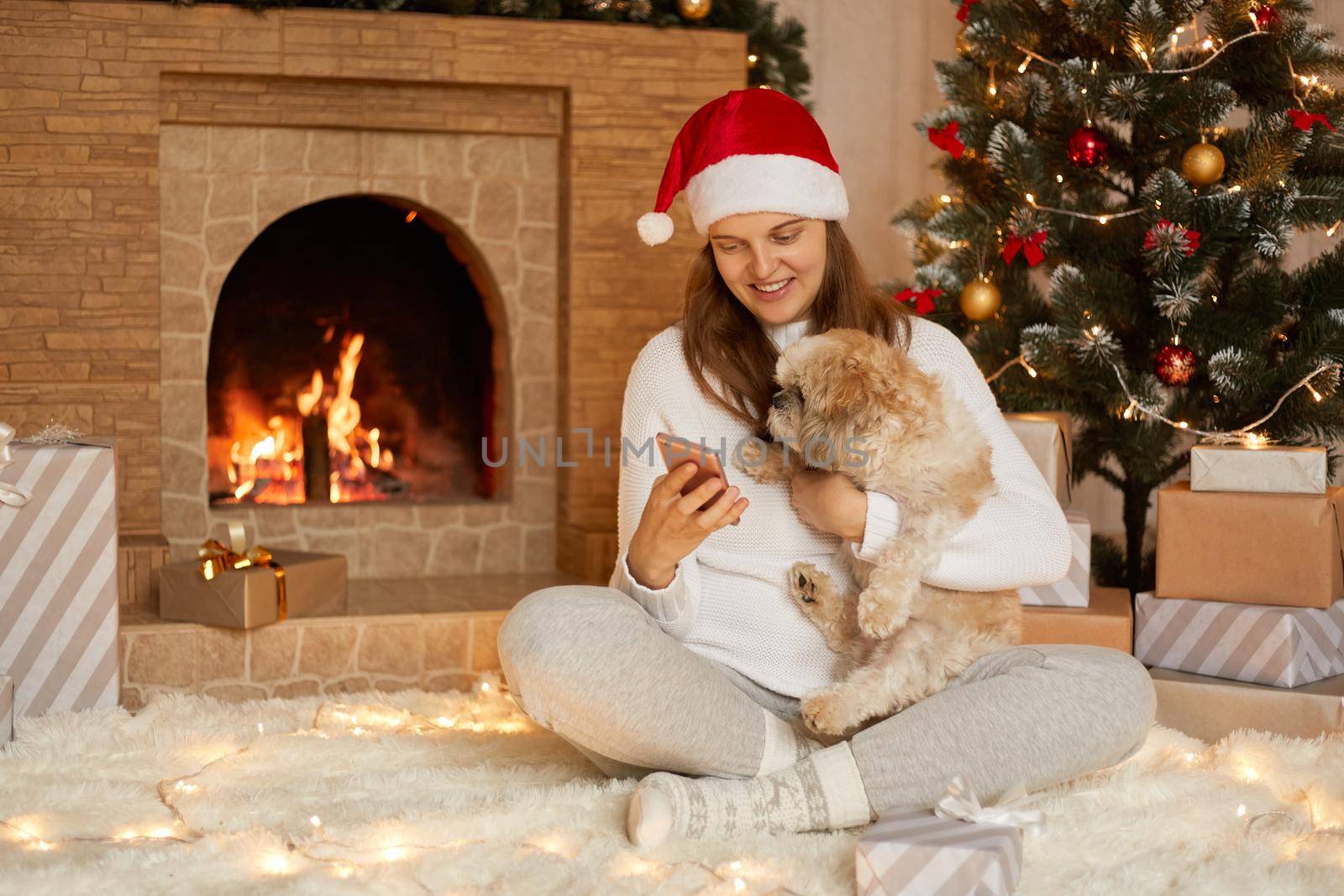 Young woman hugging Pekingese dog at christmas time, holding phone in hands and looking at device's screen with smile, female with crossed legs near fireplace and x-mas tree. by sementsovalesia