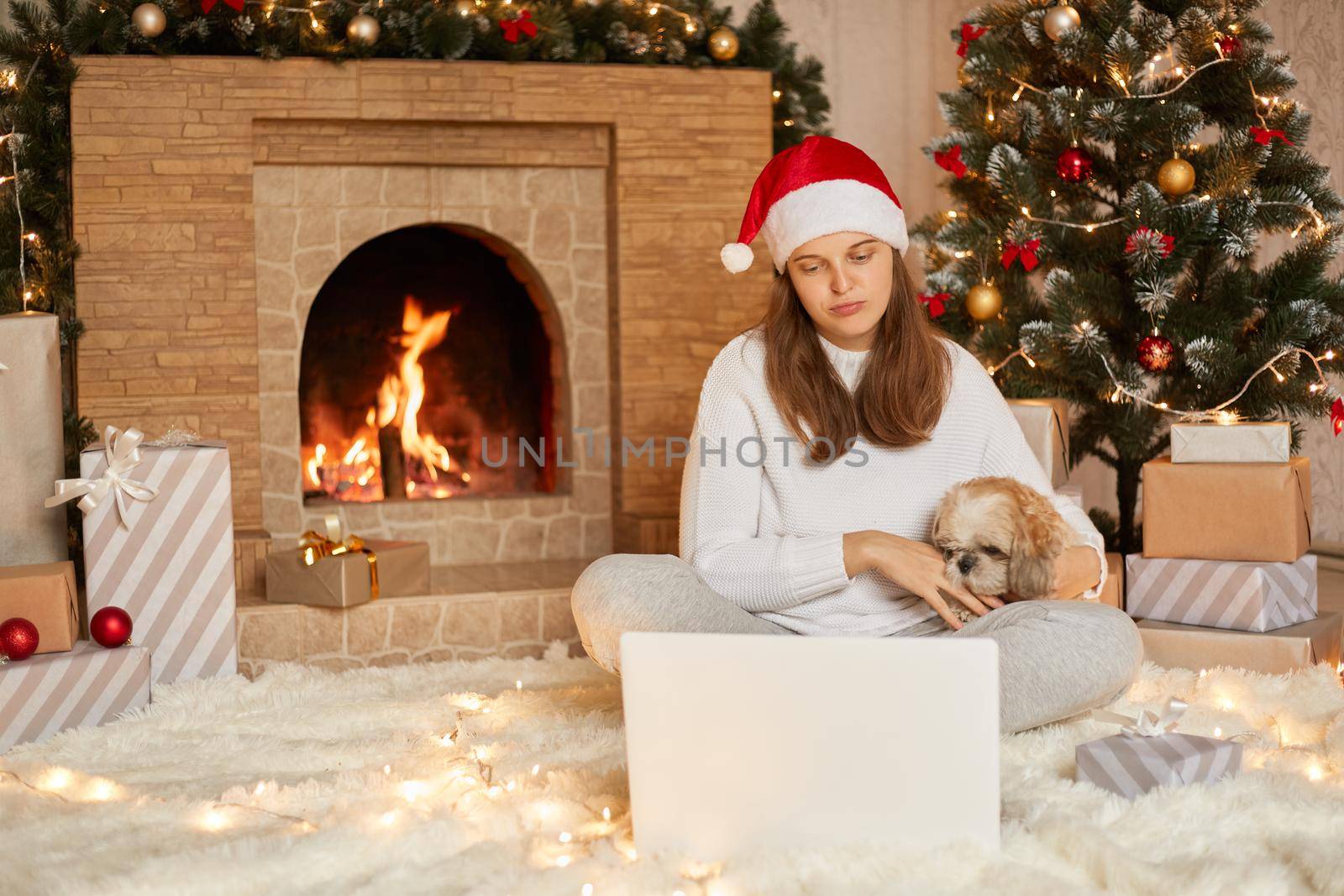Woman and puppy dog in sweater having video call chat on laptop, enjoy Christmas time at home near x-mas tree and fireplace, hugging her favorite pekingese dog, looks sad. by sementsovalesia