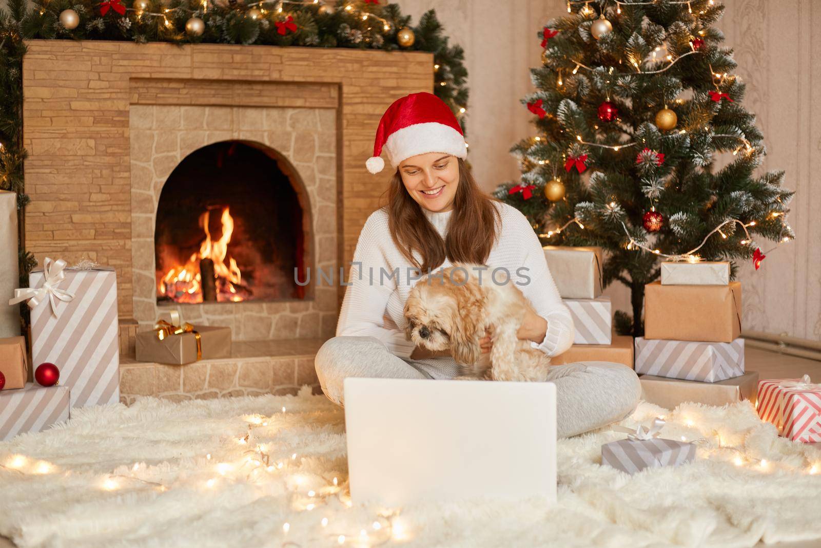 Dog and woman wearing red hat having video call with somebody. Girl with laptop having virtual meeting chat on holidays sitting on living room at home Happy Christmas and New Year.